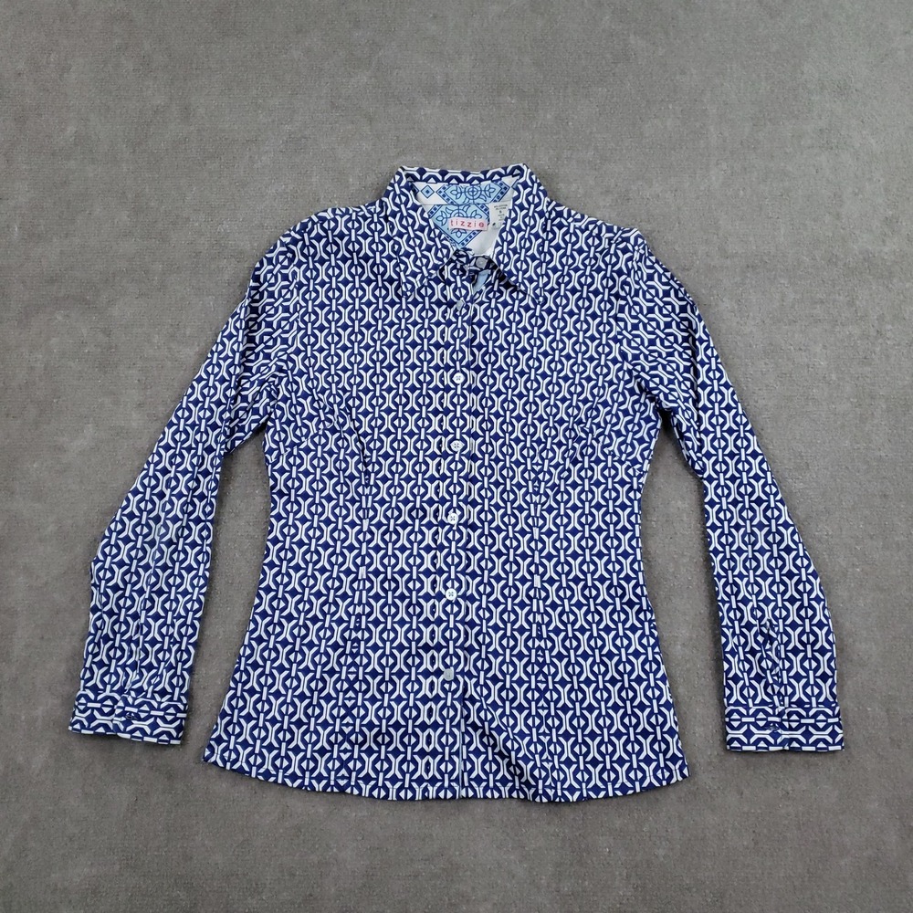 Tizzie Shirt Womens Small Blue White Geometric Button Front‎ Stretch Top
